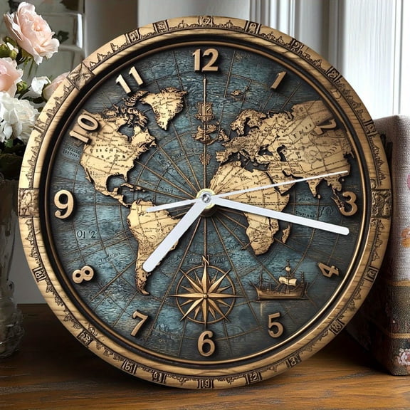 HELLOYOUNG 1pc 2D Sailboat Theme Nautical Wooden Wall Clock Blue Decor Farmhouse Silent Round Clock Kitchen Cafe Holiday Gift