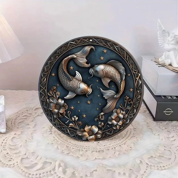 HELLOYOUNG 1pc  2d Round, Pisces Zodiac Sign Aluminum Metal Wall Decor,Waterproof, Weather Resistant, Door Hanger, Decorative Wall Poster