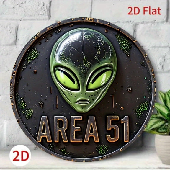 HELLOYOUNG 1pc 7.87x7.87 Inch 2D Flat Vintage Area 51 Sign - UFO Alien English Art, Metal Decor for Coffee Shop/Garage