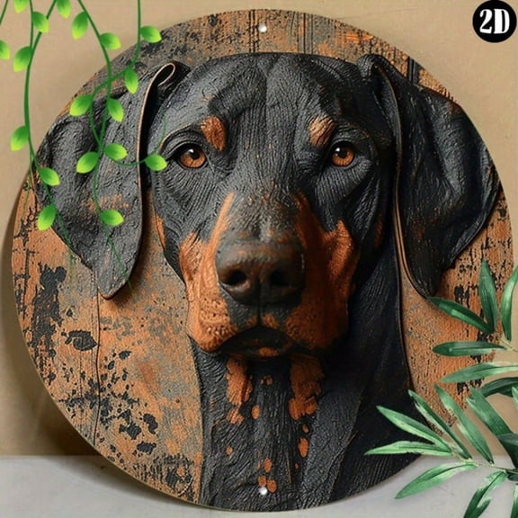 HELLOYOUNG 1pc 8 Inch Round Doberman Pinscher Iron Metal Sign - UV Resistant Pre-Drilled Decor, Easy-Hang Art for Indoor/Outdoor