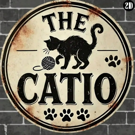 HELLOYOUNG 1pc 8x8 Inch Vintage Round "The Catio" Wall Sign - Playful Cat Design, Rustic Hanging Decor for Home/Kitchen/Office/Cafe/Outdoor