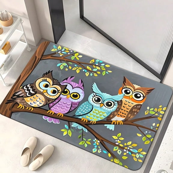 HELLOYOUNG 1pc Colorful Owl Pattern Printed Diatom Mud Doormat Non-Slip Water Absorbent Machine Washable for Bedroom Living Room Entrance Camping Yoga