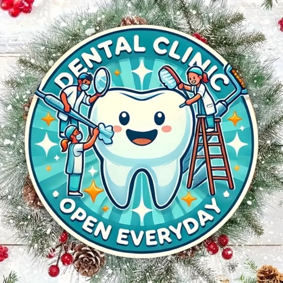 HELLOYOUNG 1pc Dental Clinic Open Sign 8x8 Inch Iron Round Cartoon Teeth Wall Decor Dentists Office
