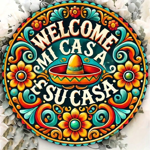 HELLOYOUNG 1pc Metal "Mi Casa Su Casa" Welcome Sign 8x8 Inch Floral Mexican Folk Art Wall Decor, Easy To Hang Housewarming Gift for Home Kitchen Bedroom Bar