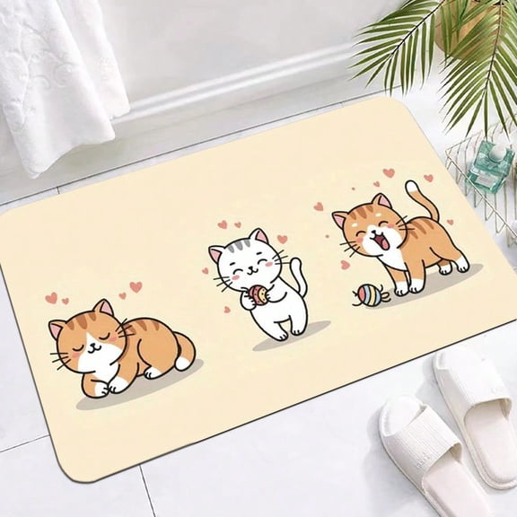 HELLOYOUNG 1pc Non-Slip Diatom Mud Bathroom Mat Cute Cat Pattern Novelty Absorbent Doormat for Entryway Kitchen Living Room Bedroom, Machine Washable Indoor Outdoor Floor Mat