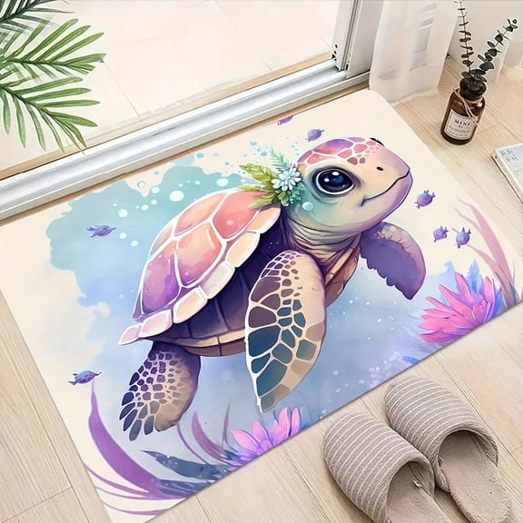 HELLOYOUNG 1pc Pink Turtle Bath Mat Ocean-Themed Water-Absorbent Non-Slip Rug, Vibrant Floral Design for Kids' Bathroom Floor