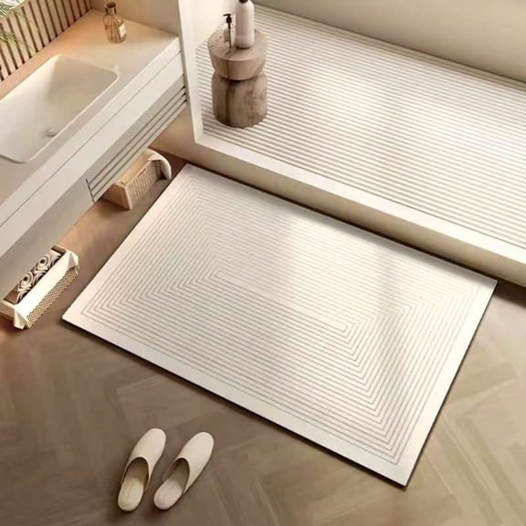 HELLOYOUNG 1pc Quick-Dry Absorbent Non-Slip Floor Mat Soft Rubber Backing Beige Striped Carpet for Bathroom Kitchen Entryway Machine Washable