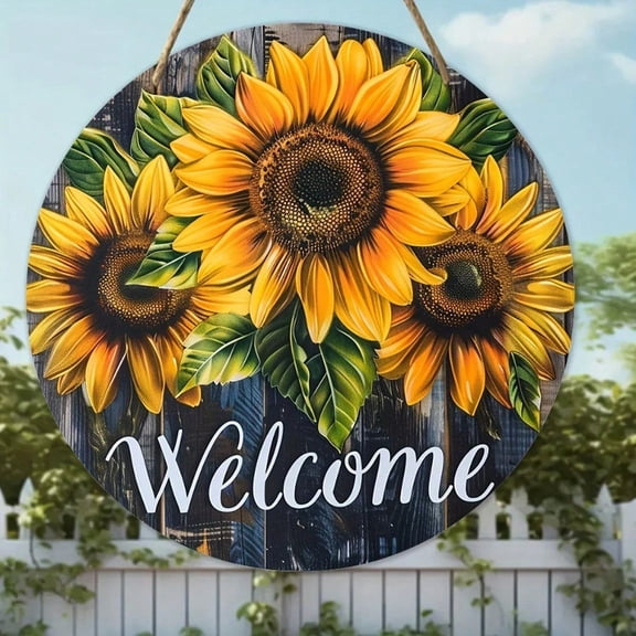 HELLOYOUNG 1pc Rustic Welcome Sign Round Wreath with Sunflower Butterfly Design, Farmhouse Front Door Wall Decor for Living Room Kitchen Office