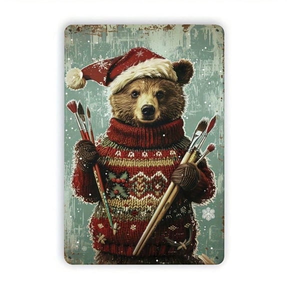 HELLOYOUNG 1pc Vintage Artistic Bear Painting Metal Tin Sign, Iron Wall Decor for Home, Office, Bar, Cafe, Library, Garage - Indoor/Outdoor Hanging Decoration,room decorhalloween decor