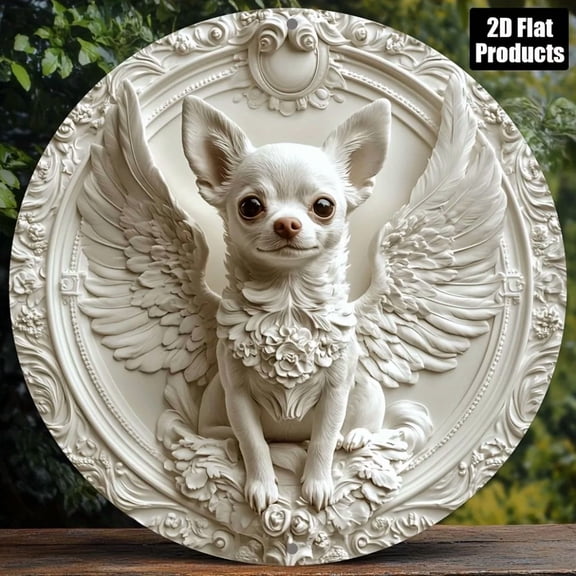 HELLOYOUNG 1pc Vintage Chihuahua Angel Metal Wall Art Floral Wing Design,2d Pre-drilled for Indoor/Outdoor Home/Bar/Cafe Decor, Unique Gift