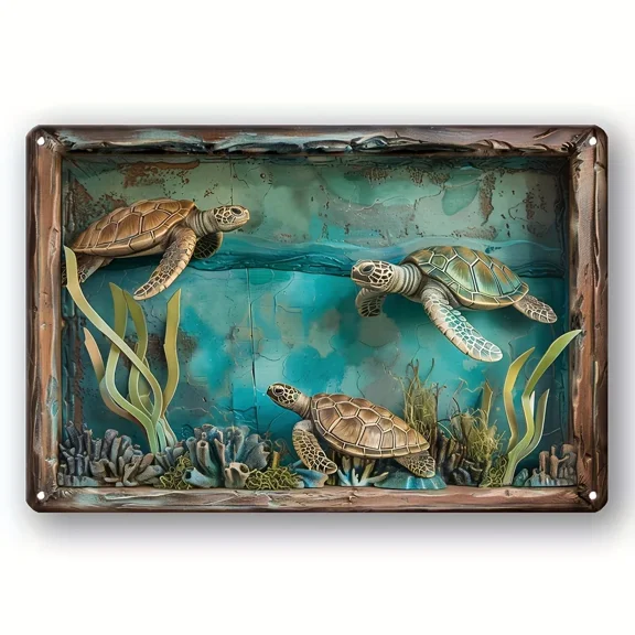 HELLOYOUNG 1pc Vintage Metal Sea Turtle Wall Art , Rustic Ocean-Themed Decor, Lifelike Sea Turtles With Coral & Sponge