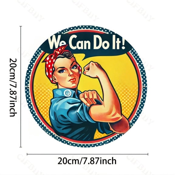 HELLOYOUNG 1pc Vintage "We Can Do It!" Rosie The Riveter Metal Sign, 8x8 Inch Round Aluminum Wall Art, Durable Foil Carved Retro Plaque for Home Garden Office Decor, Festive Gift Idea