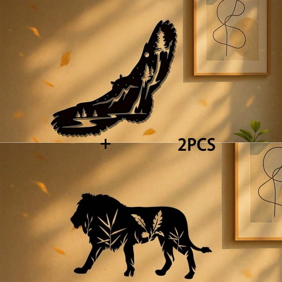 HELLOYOUNG 2 Pcs Wrought Iron Animal Wall Art Decor, Wolf Silhouette with Forest Trees and Lion with Floral Details, Black Metal Wildlife Artwork for Living Room Nature Home Decor