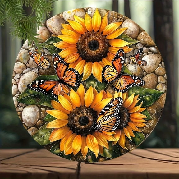 HELLOYOUNG 20x20cm Large Aluminium Round Decorative Plate with Vibrant UV Printed Sunflowers and Butterflies Design - Perfect for Indoor and Outdoor Decor
