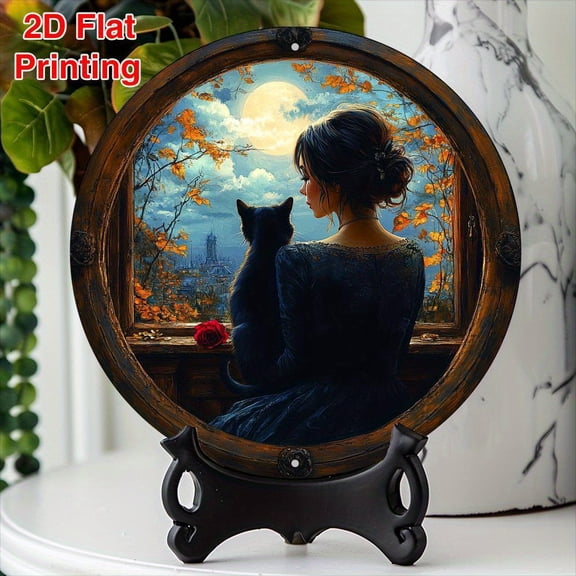 HELLOYOUNG 2D Aluminum Cat Window Sign 8x8 Inch Round Metal Wall Art for Outdoor Garden Decor Spring Mother's Day Gift