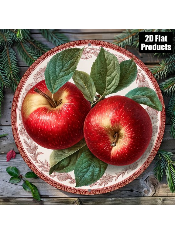 2D Apple Theme Round Aluminum Sign Metal Wall Art 8x8 Inch Vintage Metal Logo Plaque for Bar Coffee Shop Home Decor