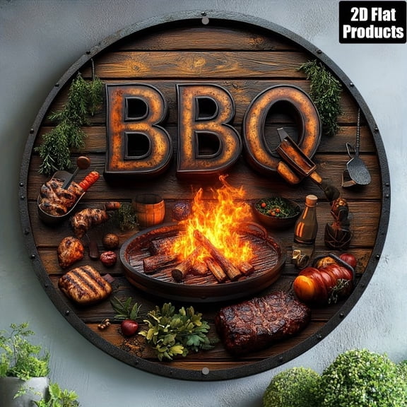 HELLOYOUNG 2D BBQ Round Aluminum Metal Wall Art, 8x8 Inch Iron Plate Decor for Home Kitchen Cafe, Bar Man Cave Gift