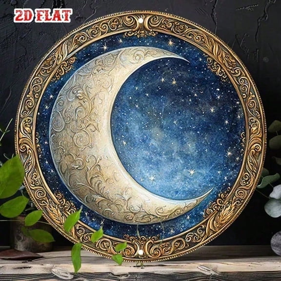 HELLOYOUNG 2D Celestial Metal Wall Decor Flat Crescent Moon Rustic Aluminum Sign Home Garage Cafe Bar 7.8x7.8 Inch