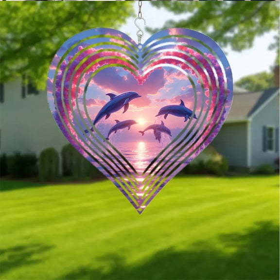 HELLOYOUNG 2D Dolphin Metal Wind Chimes Ocean Theme Pink Purple Sunset Sky Wrought Iron Outdoor Hanging Decor for Garden Balcony Bohemian Sea Lovers Gift