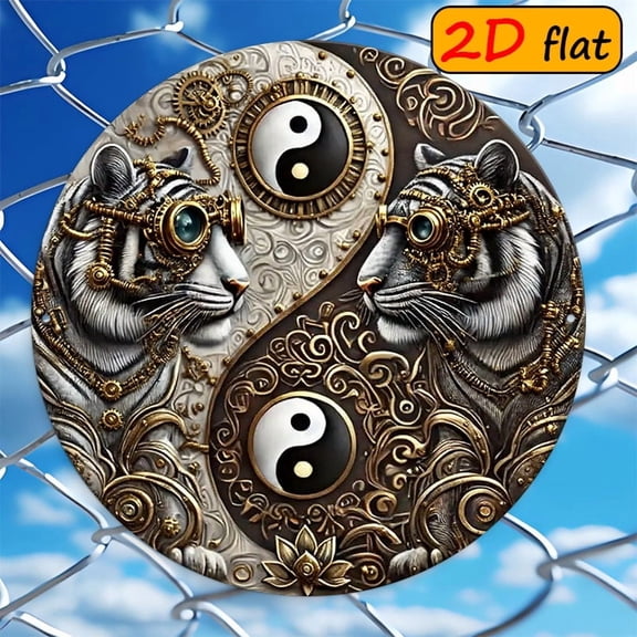 HELLOYOUNG 2D Double Yin-Yang Outdoor Sign Steampunk Round Wall Decor 7.87x7.87 Inch Metal Tin Sign for Study Restaurant