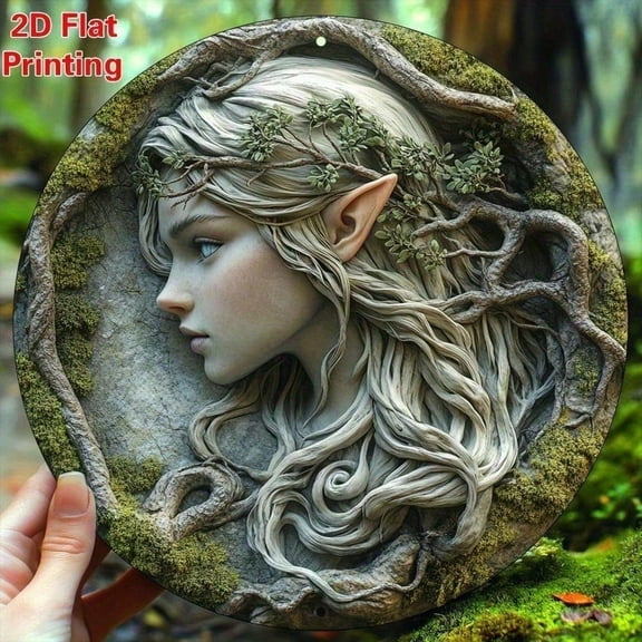 HELLOYOUNG 2D Elf Face Metal Round Wall Sign, Fantasy Garden Decor Art for Home Outdoor Fence Plaque