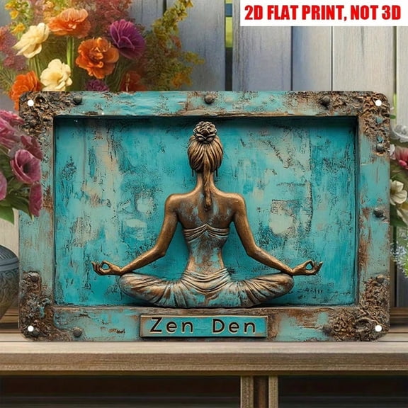 HELLOYOUNG 2D Flat 12x8 Inch Zen Yoga Metal Wall Art Sign, Bohemian Turquoise Gold Distressed Finish for Rustic Home Gym Meditation Studio