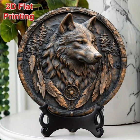HELLOYOUNG 2D Flat - 1pc Aluminum Wolf Wall Hanging Sign, 8x8 Inch Round Metal Plaque, Multipurpose Decor For Kitchen