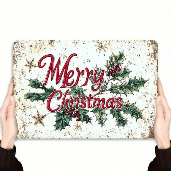 HELLOYOUNG 2D Flat, 1pc Vintage Floral Metal Tin Sign - Rust-Proof & Waterproof Iron Wall Art with Merry Christmas Design, Holly Berries & Snowflakes - Indoor/Outdoor Holiday Decor