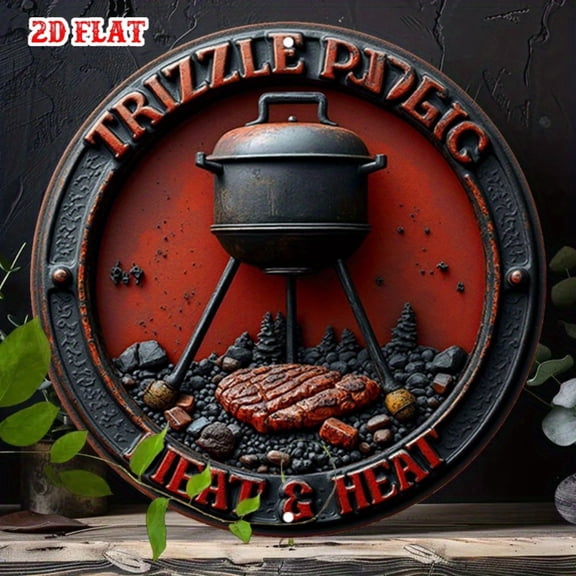 HELLOYOUNG 2D Flat Aluminum BBQ Sign 7.87x7.88 Inch Rustic Metal Wall Art Decor for Outdoor Cooking Grill Smoky Flavors Man Cave Garage