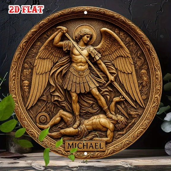 HELLOYOUNG 2D Flat Angel Metal Sign 7.8x7.8 Inch Michael Cross Sword Wall Art Decor for Home Garage Man Cave