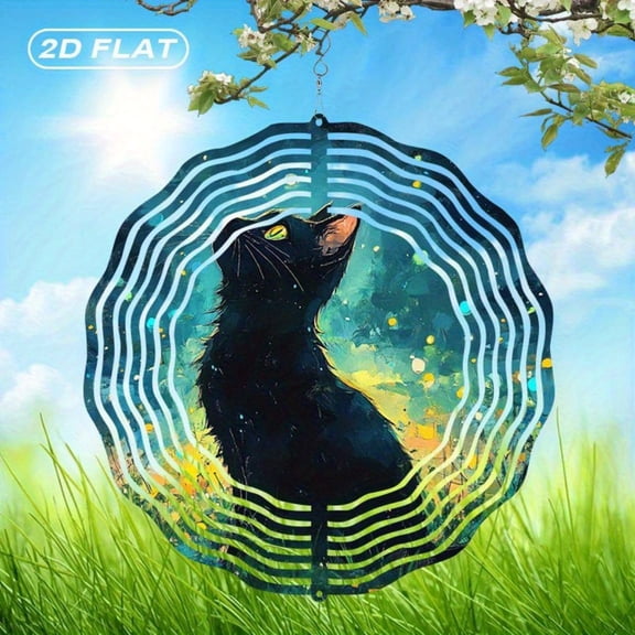 HELLOYOUNG 2D Flat Black Cat Wind Spinner, 10 Inch Boho Suncatcher Wind Chime, Stained Glass Metal Garden Decor, Weatherproof Rustproof for Patio Indoor   Wind-powered Pendant Wind Spinners