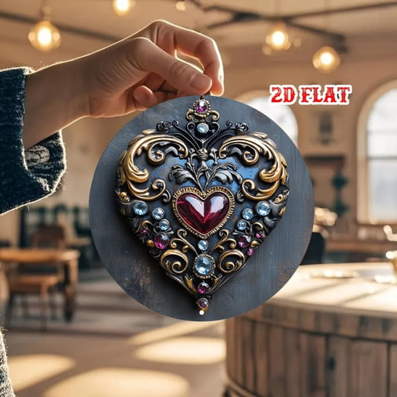 HELLOYOUNG 2D Flat Black Heart Pendant Metal Sign, Red Gem Round Wall Art for Cafe Beach Decor