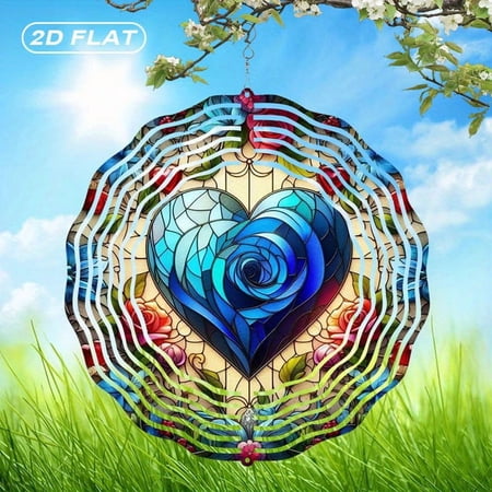 HELLOYOUNG 2D Flat Bohemian Blue Rose Heart Wind Chimes, 10 Inch Stained Glass Metallic Finish, Indoor Outdoor Garden Patio Decor, Exquisite Heart Design for Christmas Halloween Easter Gift