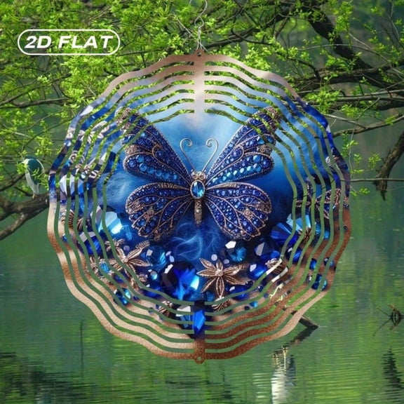 HELLOYOUNG 2D Flat Bohemian Butterfly Wind Spinner 25.4cm Blue Gold Glass Wind Chime with Gemstones, Weatherproof Fade Rust Resistant for Garden Patio Yard Wall Decor Indoor Outdoor, Fast Shipping