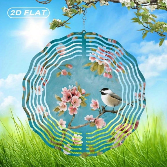 HELLOYOUNG 2D Flat Bohemian Cherry Blossom Bird Wind Spinner, 25.4cm Pink Floral Blue Sky Wind Chime for Garden Patio Yard Decor, No Electricity Needed, Durable Weatherproof Gift