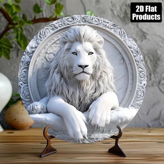 HELLOYOUNG 2D Flat Classic Lion-Themed Round Aluminum Wall Art - Vintage Metal Decor, for Home Office Bar, Party Gift