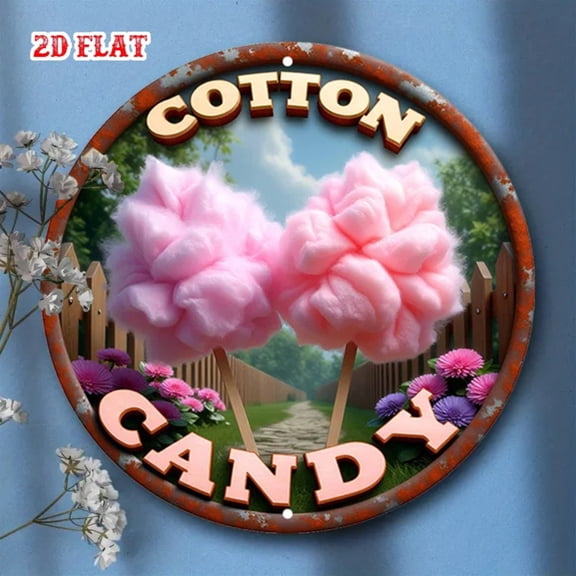 HELLOYOUNG 2D Flat Cotton Candy Pink Floral Metal Sign, Round Aluminum Wall Art for Living Room Home Decor