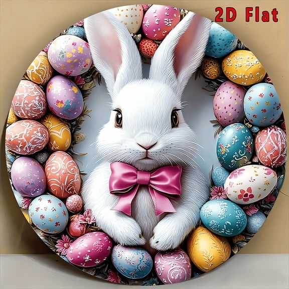 HELLOYOUNG 2D Flat Easter Rabbit Wreath Sign, Round Wooden Hanging Door Decor with Pink Bow, Spring Wall Art for Home Decor, Easter Egg Decoration, Unique Gift