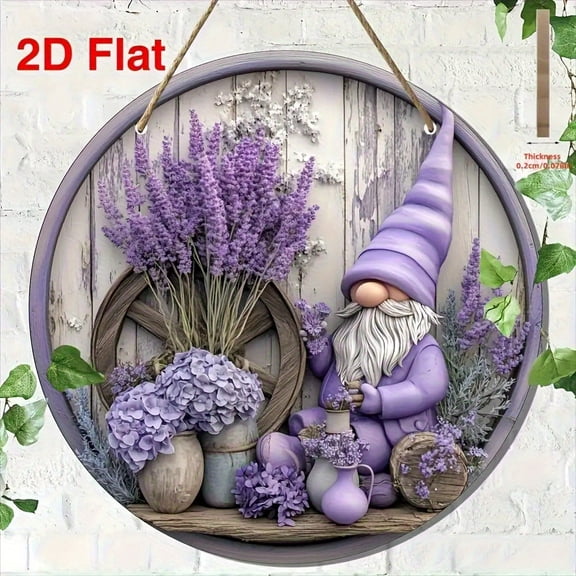 HELLOYOUNG 2D Flat Gnome Garden Decor 8x8 Inch Wooden Wall Art, Lavender Garden Wall Decor with Watering Can, Rustic Home Office Holiday Gift