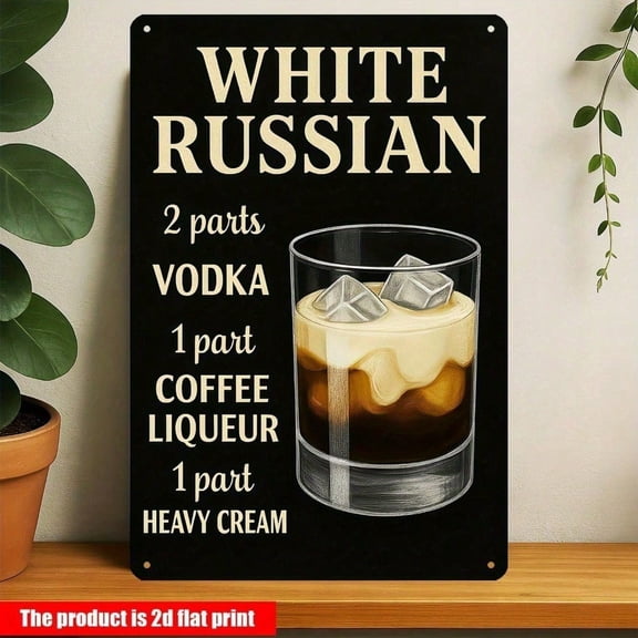 HELLOYOUNG 2D Flat Iron Cocktail Recipe Metal Sign, White Russian Bar Wall Art, Retro Decor for Home Kitchen Garage Man Cave, 12x8 Inch