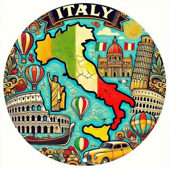 HELLOYOUNG 2D Flat Italy Map Wall Art Retro Colosseum Leaning Tower Metal Sign 7.87IN Easy To Hang Metal Tin Poster for Home Office Hotel Decor