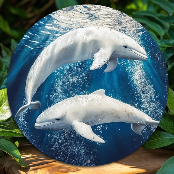 HELLOYOUNG 2D Flat Leaping Dolphins Wall Art 8x8 Inch Round Aluminum Sign, Durable Fade-Resistant Home Decor for Bar, Cafe, Office, Housewarming Gift