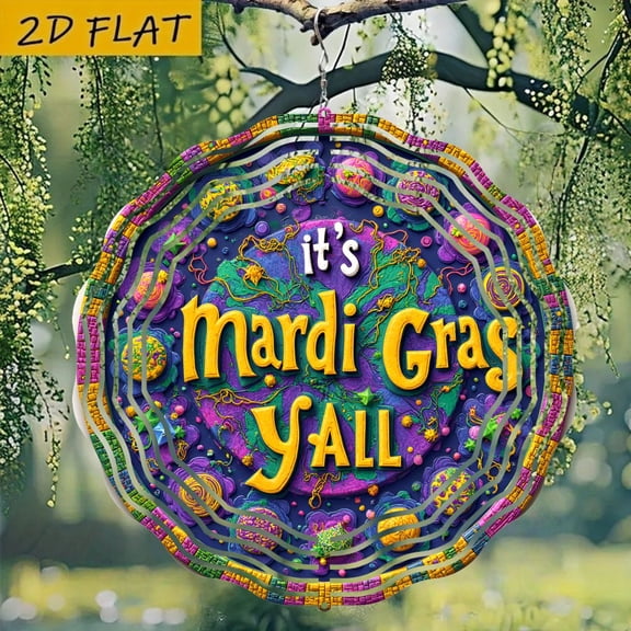 HELLOYOUNG 2D Flat Mardi Gras Doodle Design Metal Wind Spinner 10 Inch with 360 Rotating Hook for Party Home Wind Spinners Decor Carnival Holiday Celebration