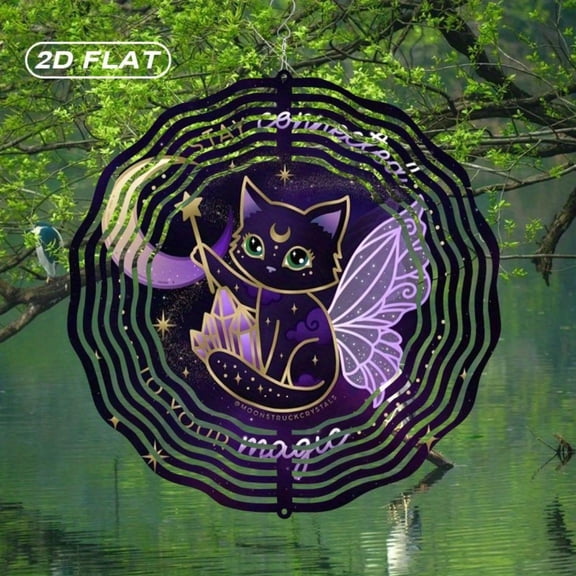 HELLOYOUNG 2D Flat Metal Cat Wind Chime, 10 Inch Boho Suncatcher with Stained Glass for Outdoor Garden Patio Yard Decor, Weatherproof Rustproof Gift for Christmas Halloween Easter Housewarming