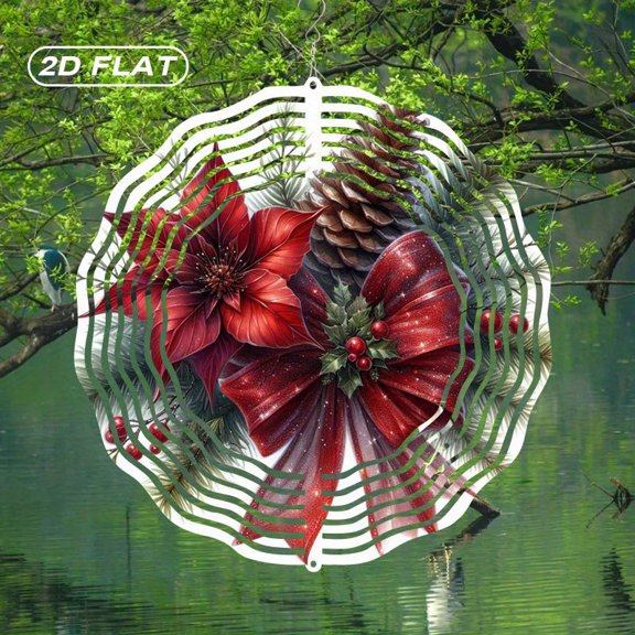 HELLOYOUNG 2D Flat Metal Poinsettia & Bow Wind Spinner Suncatcher Stained Glass Wind Chime for Outdoor Garden Decor Patio Yard Art 10 Inches