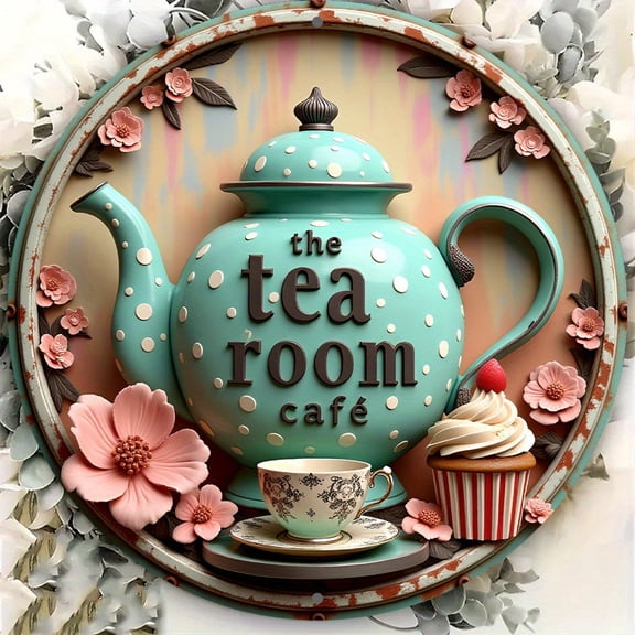 HELLOYOUNG 2D Flat Metal Sign, 8 Inch Round Aluminum Wall Art for Tea Room Cafe, Cupcake Teapot Design, Shabby Chic Home Decor for Kitchen