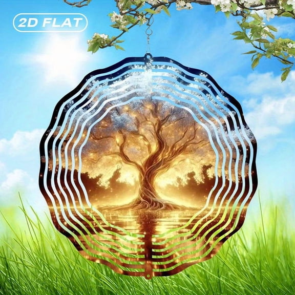 HELLOYOUNG 2D Flat Metal Tree Wind Chime, 10 Inch Solar Glowing Wall Decor for Garden, Indoor Outdoor Art, Holiday Housewarming Gift