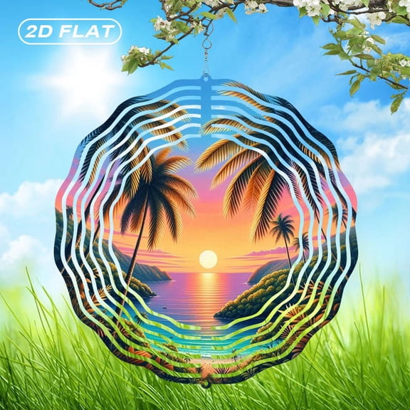 HELLOYOUNG 2D Flat Metal Tropical Beach Wind Spinner, 10 Inch Wind Chime for Indoor Outdoor Garden Decor, Gift for Christmas Halloween Easter Thanksgiving