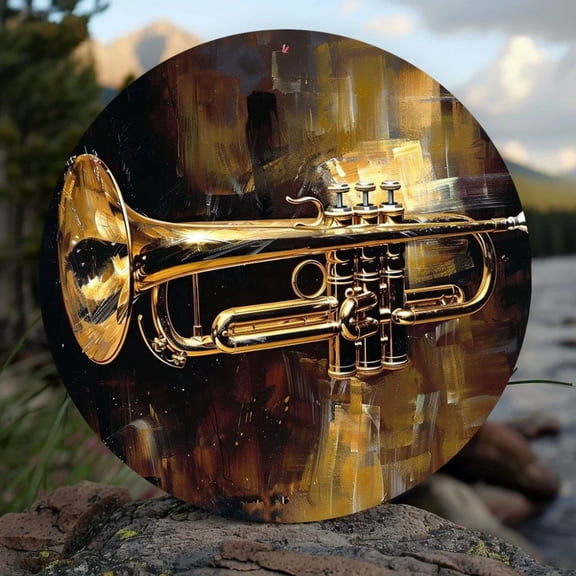 HELLOYOUNG 2D Flat Metal Trumpet Wall Art Jazz Club Round Sign, Weatherproof Indoor Outdoor Home Decor for Living Room Bar