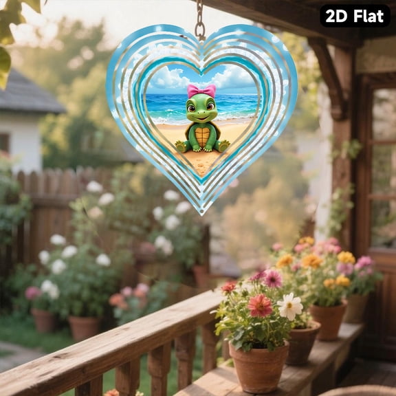 HELLOYOUNG 2D Flat Metal Wind Chime Cute Sea Turtle with Pink Bow Blue Heart Iron Hanging Ornament for Kids Room Beach Themed Decor Ocean Sound Outdoor Wind Catchers Sun Catchers for Window Garden